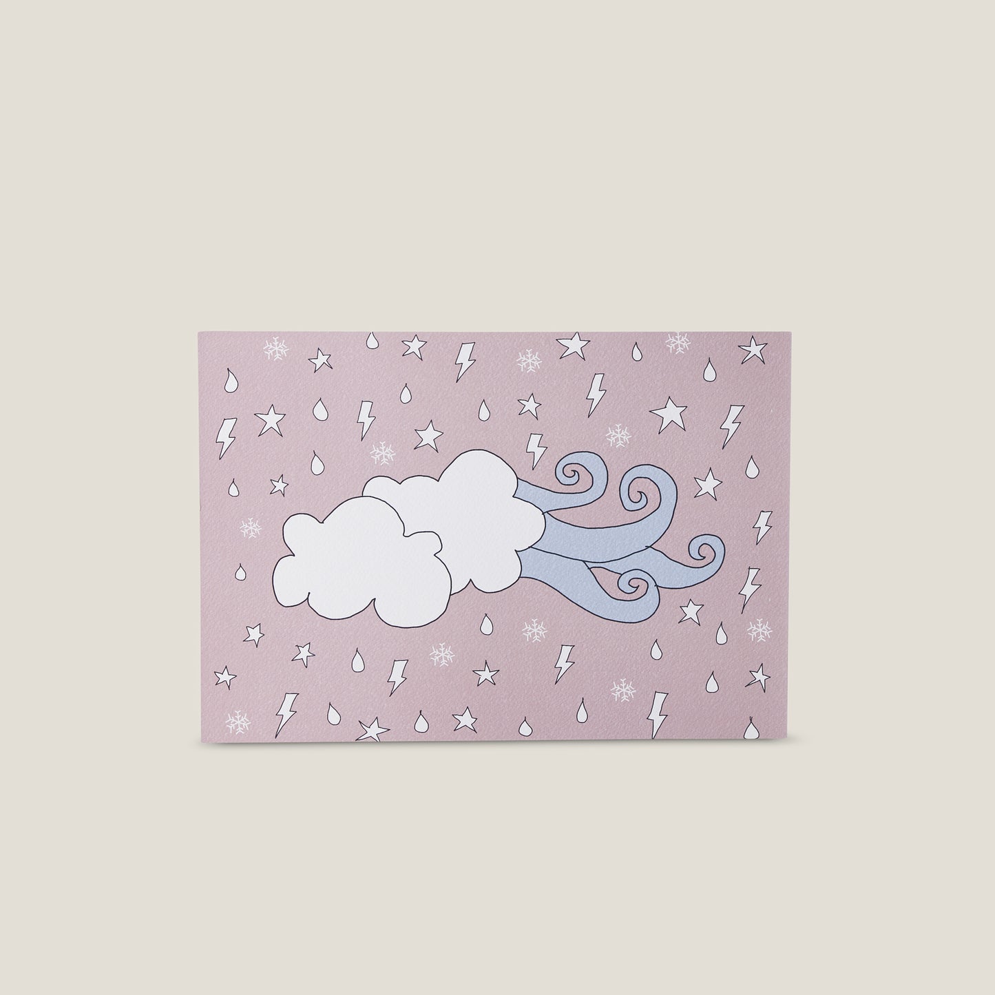 Stampa illustrata a tema elementi naturali con l'immagine di una nuvola e del vento su fondo rosa.